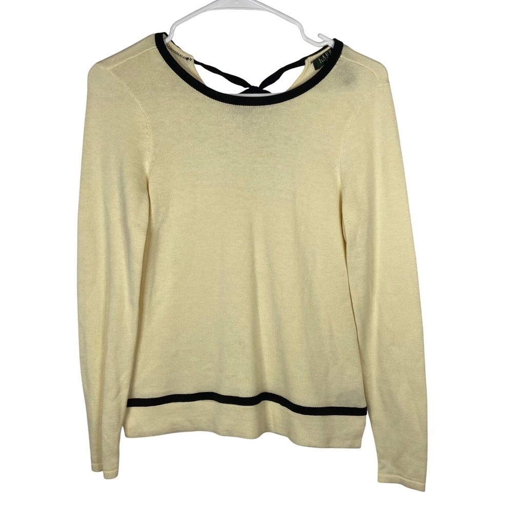 Lauren Ralph Lauren Petite Cream Black Tie Back Sweater PXS Cotton Modal